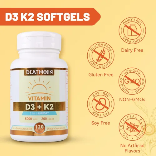 Vista 7 de Cápsulas blandas de suplemento de vitamina D3 K2, vitamina D3 5000 UI y vitamina K2 MK7 200 mcg, soporte para huesos y dientes, fácil de tragar, 120