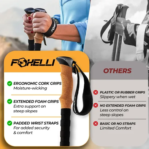 Vista 5 de Foxelli Bastones de senderismo plegables: bastones plegables ligeros y compactos para hombres y mujeres con cerraduras abatibles y accesorios todo