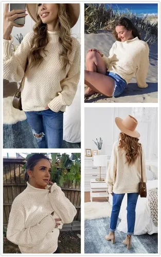 Vista 4 de Dokotoo suéteres de cuello alto para mujer, de manga larga tipo globo, para otoño e invierno 2025