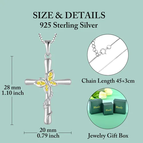 Vista 4 de Blaniy Collar de cruz para mujer, plata de ley 925, collar de mariposa, piedra natal, colgante de piedras preciosas creadas, regalos para mujeres