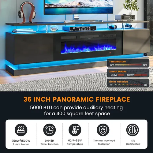 Vista 5 de 2 Piece Modern Table Set Includes 70" Fireplace TV Stand & 47" Coffee Table with Charging Station and USB Ports, for Living Room, Black