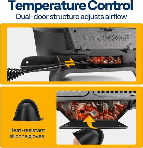 Vista 5 de VIVOHOME Parrilla ovalada de hierro fundido con rejillas intercambiables y plancha, 2 puertas de horno para control de calor, incluye guantes, póker