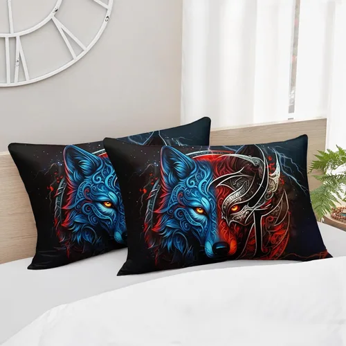 Vista 7 de AILONEN Juego de edredón con cabeza de lobo impresa tamaño individual, juego de ropa de cama de lobo para la noche para niños y hombres, juego