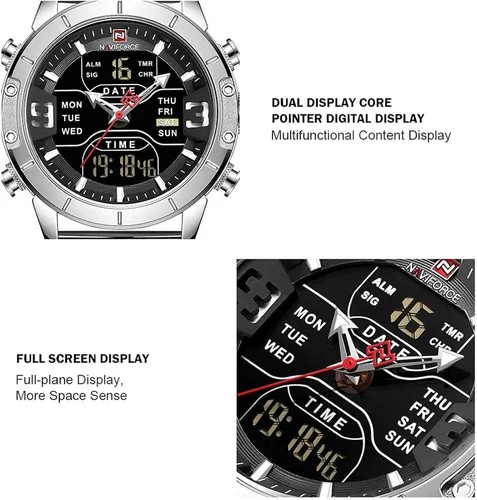 Vista 4 de NAVIFORCE Reloj digital para hombre resistente al agua reloj deportivo de acero inoxidable reloj de cuarzo militar Azul