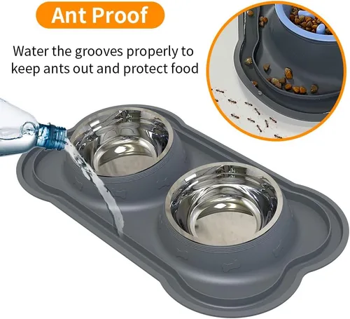 Vista 2 de Juego de cuencos de acero inoxidable para perros con alfombrilla de silicona, 100% impermeable, sin BPA, cuencos de comida para gatos y perros, sin