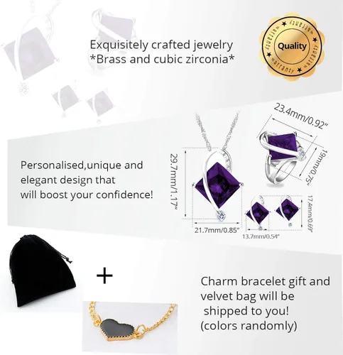 Vista 6 de Uloveido T295 - Juego de collar, anillo y aretes con topacio de cristal cuadrado grande