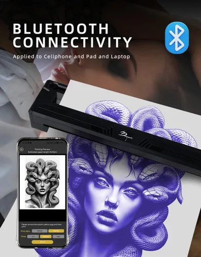 Vista 4 de DGT Tattoo Impresora de papel térmico con conexión Bluetooth y teléfonos compatibles con iOS/Android (PT-M8)
