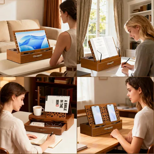 Vista 8 de Soporte de madera ajustable para libros con almacenamiento, soporte multifuncional para libros, tabletas y recetas con ranura para tazas, ranura