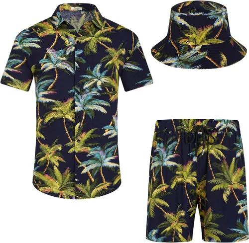 Vista 23 de EISHOPEER Conjunto hawaiano de flores para hombre, camisa de manga corta y pantalones cortos, trajes con sombreros de pescador