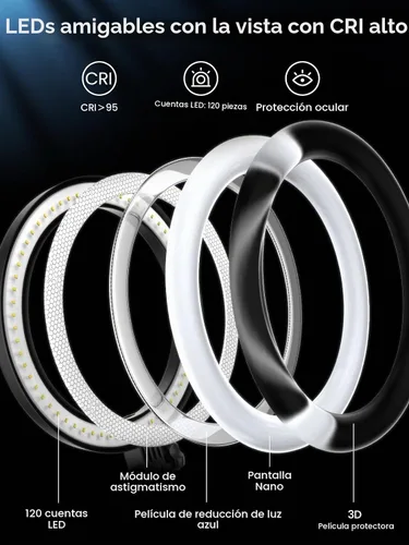 Vista 7 de Luz de anillo para selfie con soporte y soporte para teléfono, soporte de teléfono aéreo con luces de anillo de 10.5", luz circular de escritorio