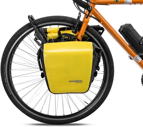 Vista 8 de ROCKBROS Bolsa de alforjas delanteras enrollables Bolsa de rack frontal para bicicleta Paquete de estante resistente con asa de transporte y correa
