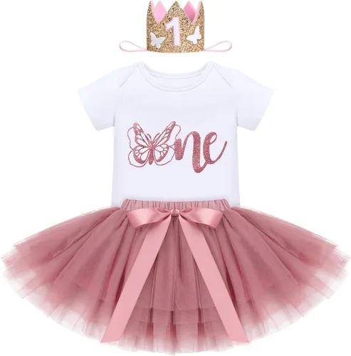 Vista 16 de ODASDO Conjunto de 3 piezas de mameluco de manga corta de algodón con estampado de flores, falda tutú, corona y diadema Rosa bebé