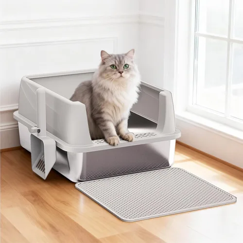 Vista 6 de Henkelion Caja de arena para gatos de acero inoxidable con tapa, caja de arena extra grande para gatos grandes con lados altos, antiadherente