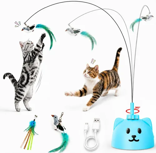 Vista 13 de Juguetes interactivos para gatos de interior: Varita de plumas de ave voladora con giro automático de 360° mejorada con varilla protegida de Blanco
