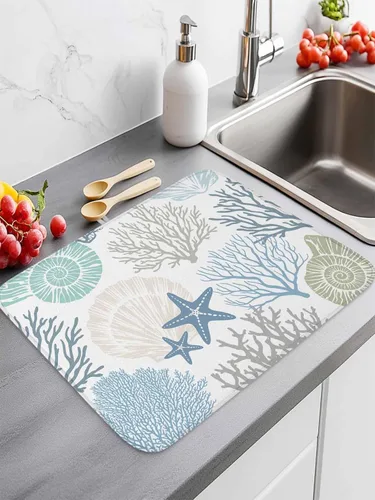 Vista 2 de Tapete de secado de platos de playa de verano para encimera de cocina, almohadilla de secado de microfibra para biberones de bebé, azul verdoso