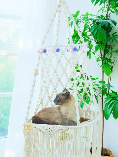 Vista 6 de KARCEEY Cama colgante para gatos, hamaca de macramé para gatos, cama columpio bohemia con alfombrilla de hierba gatera