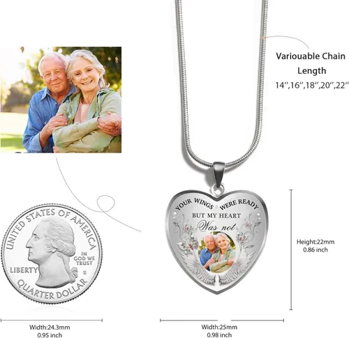 Vista 2 de Drawelry Collar conmemorativo personalizado con foto, dije personalizado con foto y alas de ángel, cadena de plata de ley con placa para mujeres
