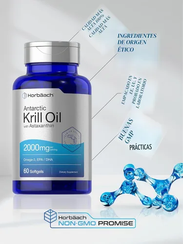 Vista 6 de Horbäach Aceite de Krill Antártico 2000mg 60 cápsulas de cápsulas blandas Suplemento Omega-3, EPA, DHA con astaxantina Sin OMG, sin gluten