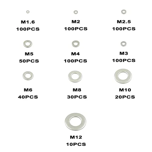 Vista 2 de Kit surtido de arandelas planas M1.6 a M12, acero inoxidable 304, para tornillos M1.6 M2 M2.5 M3 M4 M5 M6 M8 M10 M12
