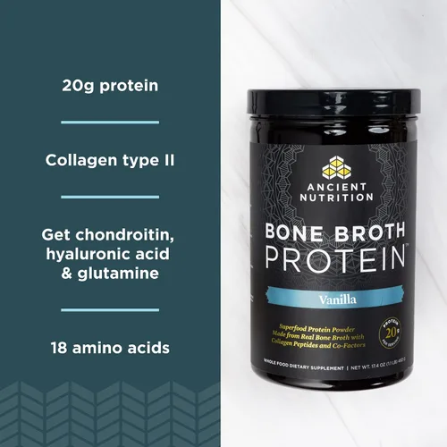 Vista 5 de Ancient Nutrition Polvo de proteína de caldo de hueso de res, caramelo salado, 20 porciones + polvo de proteína de caldo de hueso, vainilla, 20
