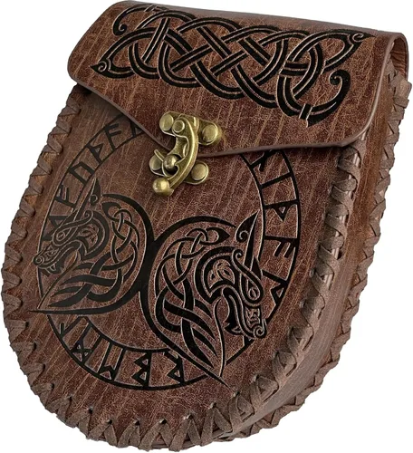Vista 2 de HiiFeuer Cinturón nórdico en relieve, bolsillo lateral de piel sintética medieval retro, bolso de cintura portátil vintage para LARP Ren Faire