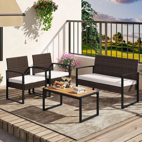 Vista 3 de Tangkula Juego de muebles de patio de 4 piezas, juego de conversación de ratán para exteriores con sillas acolchadas y mesa de centro de plástico