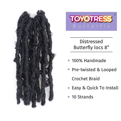 Vista 3 de Toyotress Butterfly Locs - Cabello de ganchillo de 8 pulgadas, 7 piezas de trenzas de ganchillo desgastadas pretrenzadas, color negro natural