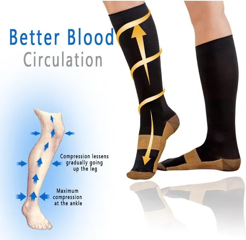 Vista 4 de Calcetines de compresión graduados de cobre, 6 pares de calcetines de compresión antifatiga hasta la rodilla para hombres y mujeres, medias de Negro
