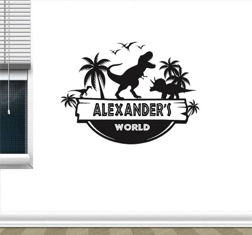 Vista 2 de Calcomanía de vinilo con nombre personalizado de dinosaurio jurásico T-Rex Big Horn Raptor para habitación de niños, decoración del hogar