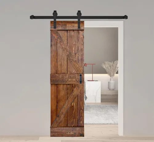 Vista 33 de Serie K. Puerta corredera de granero de madera maciza acabada con kit de herrajes (marrón/nogal, 24 x 84 pulgadas)