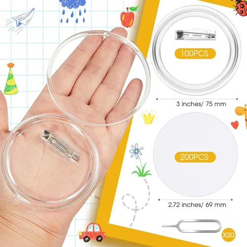 Vista 2 de 100 botones acrílicos transparentes de 3 pulgadas con 200 papel, 20 herramientas de extracción de tarjetas SIM, haz tus propios botones con alfiler