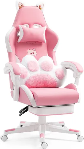 Vista 8 de Silla ergonómica de cuero para juegos con reposapiés, cómoda silla de juegos beige con cómodo reposacabezas y soporte lumbar para adultos, niños
