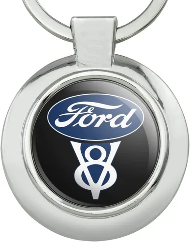 Vista 3 de GRAPHICS & MORE Ford Vintage V8 Logo Llavero Clase Redondo Cromo Plateado Metal, Cromado
