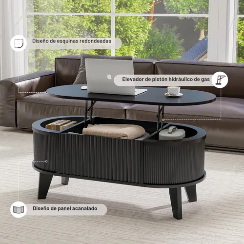 Vista 5 de LYNCOHOME - Mesa de centro con tapa abatible y almacenamiento, mesa de café ovalada moderna para sala de estar u oficina en casa (Negro)