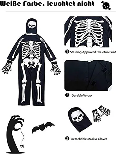 Vista 5 de Disfraz de esqueleto para niños, para Halloween, disfraz espeluznante con máscara de calavera