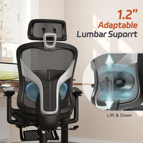 Vista 4 de Ergonomic Home Mesh Chair with Footrest, Lumbar Height Adjustment & 215° Rotate Armrests, Recline Lock 90°–120°, High-Back Big and Tall Computer