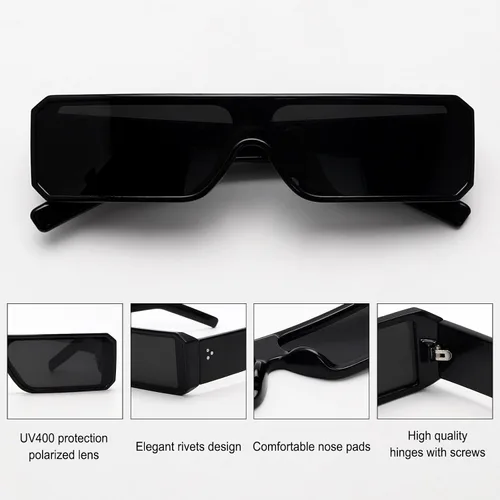 Vista 2 de TYA Gafas de sol pequeñas para mujeres y hombres, futuristas alienígenas, color negro, lentes de sol rectangulares con marco brillante de los años