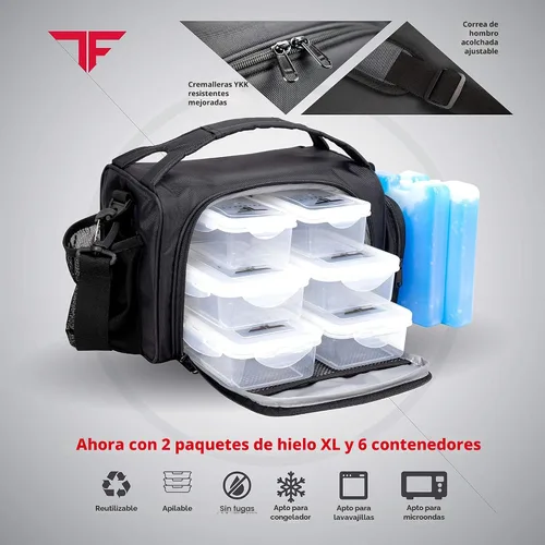Vista 4 de ThinkFit Lonchera térmica para comida preparada con 6 contenedores para porciones de alimentos sin BPA, reutilizables, aptos para microondas y Negro
