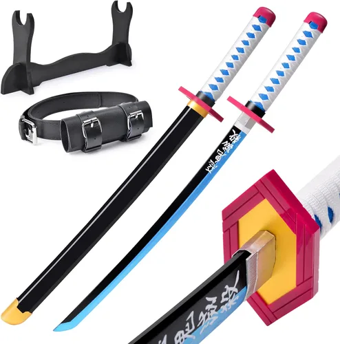 Vista 12 de Demon Slayer - Espada para niños de 31 pulgadas, hoja de bambú con cinturón y soporte de espada, espada de anime de textura original, Katana Demon