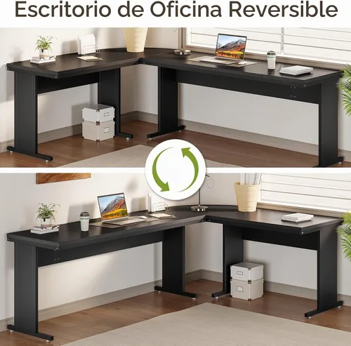 Vista 4 de LITTLE TREE Escritorio ejecutivo grande de 82.67 pulgadas de largo en forma de L para computadora con archivador móvil de 3 cajones, mueble Negro