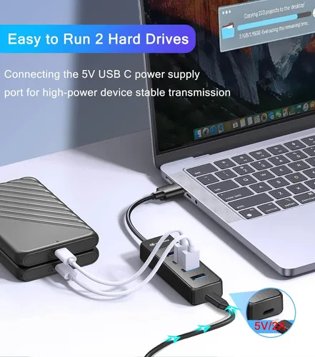 Vista 4 de Concentrador USB 3.0, extensor USB 3.0 de 5 puertos con puerto de alimentación USB C de 5V, divisor USB A puerto Hub para laptop, PC, coche, PS4/5