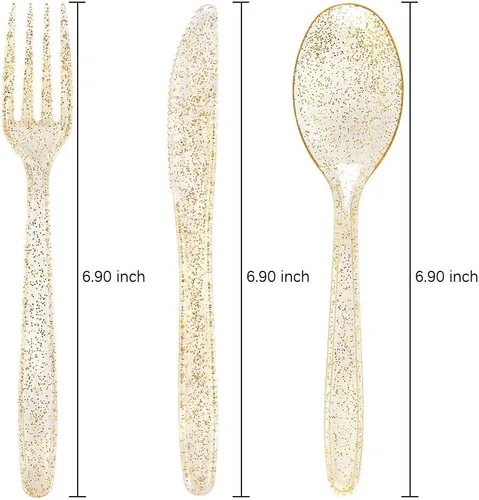 Vista 9 de WDF Cubiertos de plástico dorado 360, cubiertos desechables con purpurina dorada, cubiertos de plástico con 120 tenedores, 120 cucharas, 120