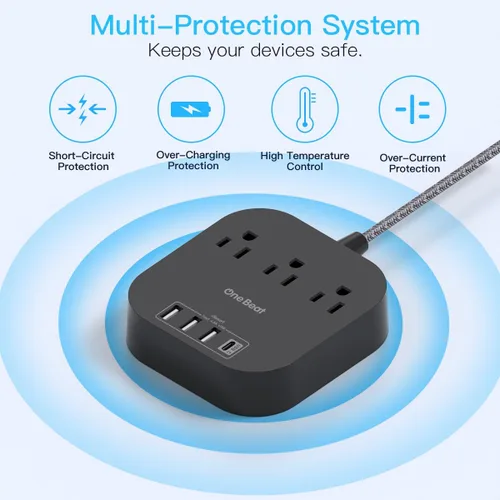 Vista 6 de Regleta de alimentación - Cable de extensión de 10 pies de largo con puertos USB C, 3 tomacorrientes 4 estación de carga de escritorio USB, regleta