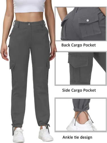 Vista 5 de Women Cargo Pants High Waisted Casual Hiking Joggers Pants Adjustable Waist Cargos with 6 Pockets