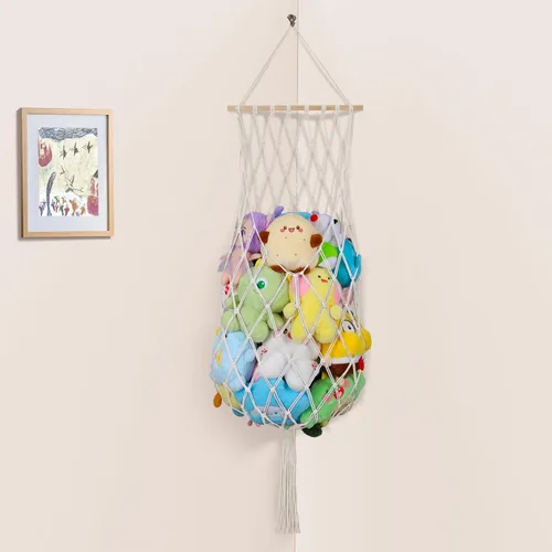 Vista 9 de Almacenamiento de Animales de Peluche de 68 Pulgadas, Hamaca Jumbo de Macramé para Animales de Peluche en Esquina, Hamaca Colgante de Pared y Techo