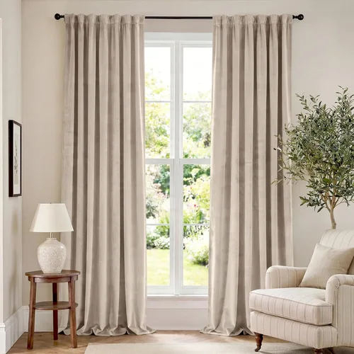 Vista 135 de Lazzzy Cortinas opacas de terciopelo beige de 84 pulgadas de largo con aislamiento térmico para oscurecer la habitación, cortinas forradas de lujo