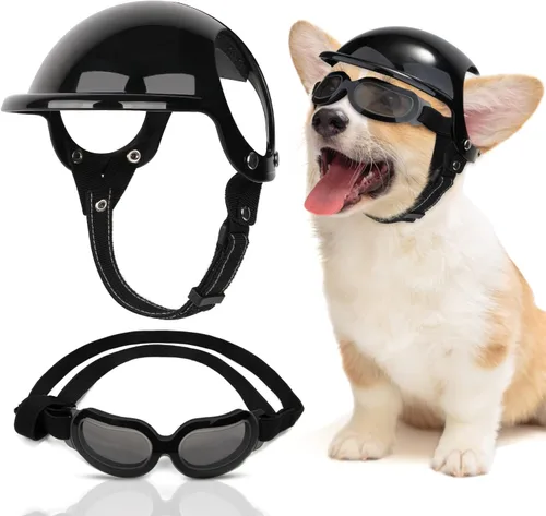 Vista 10 de SlowTon Juego de casco y gafas de sol, sombrero y gafas de sol para perro 1.Negro