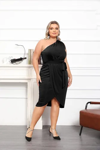 Vista 7 de Hanna Nikole Vestidos de fiesta ajustados de un hombro para mujer, talla grande, con dobladillo envolvente con purpurina, con cinturón, vestido midi