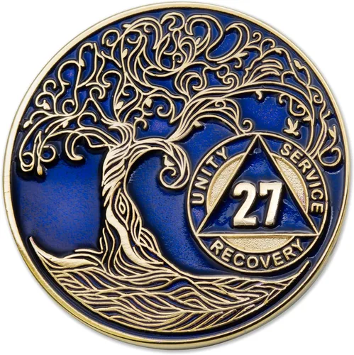 Vista 137 de 1 año Sobriety Mint Twisted Tree of Life Medallón de recuperación AA chapado en oro, chip/ficha - negro