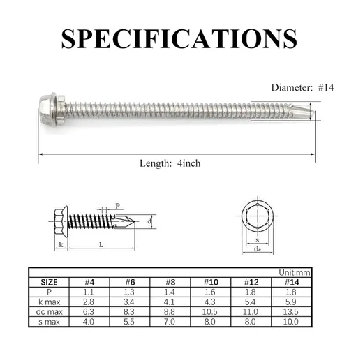 Vista 2 de Tornillos autoperforantes de cabeza hexagonal de arandela #14 x4 (1" a 4-7/8" disponibles), acero inoxidable 410, tornillos Tek de chapa